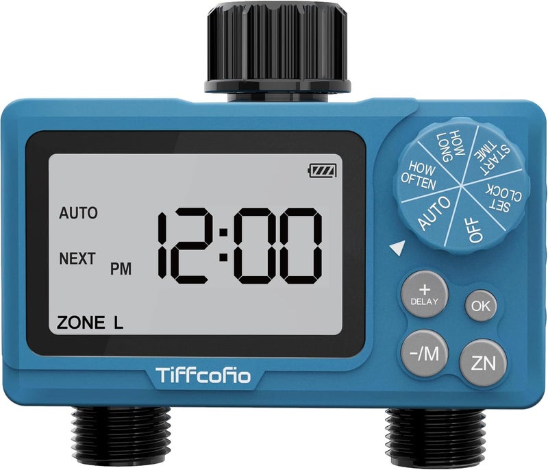 Tiffcofio Sprinkler Water Timer Outdoor, 2 Outlets Digital Pogrammable for Garden Hose, Irrigrtion Timer with Rain Delay and Manual Mode (1 Pack) - Image 1